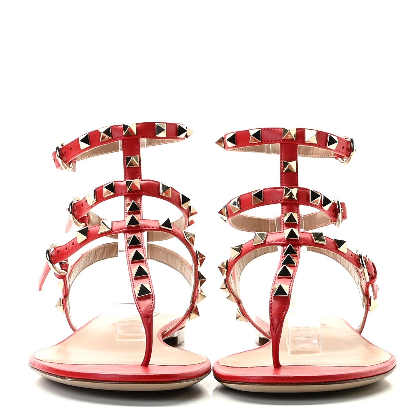 Calfskin Nappa Rockstud Ankle Wrap Flat Thong Sandals 38.5 Rouge Pur