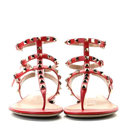 Valentino Garavani Calfskin Nappa Rockstud Ankle Wrap Flat Thong Sandals 38.5 Rouge Pur 4 of 12