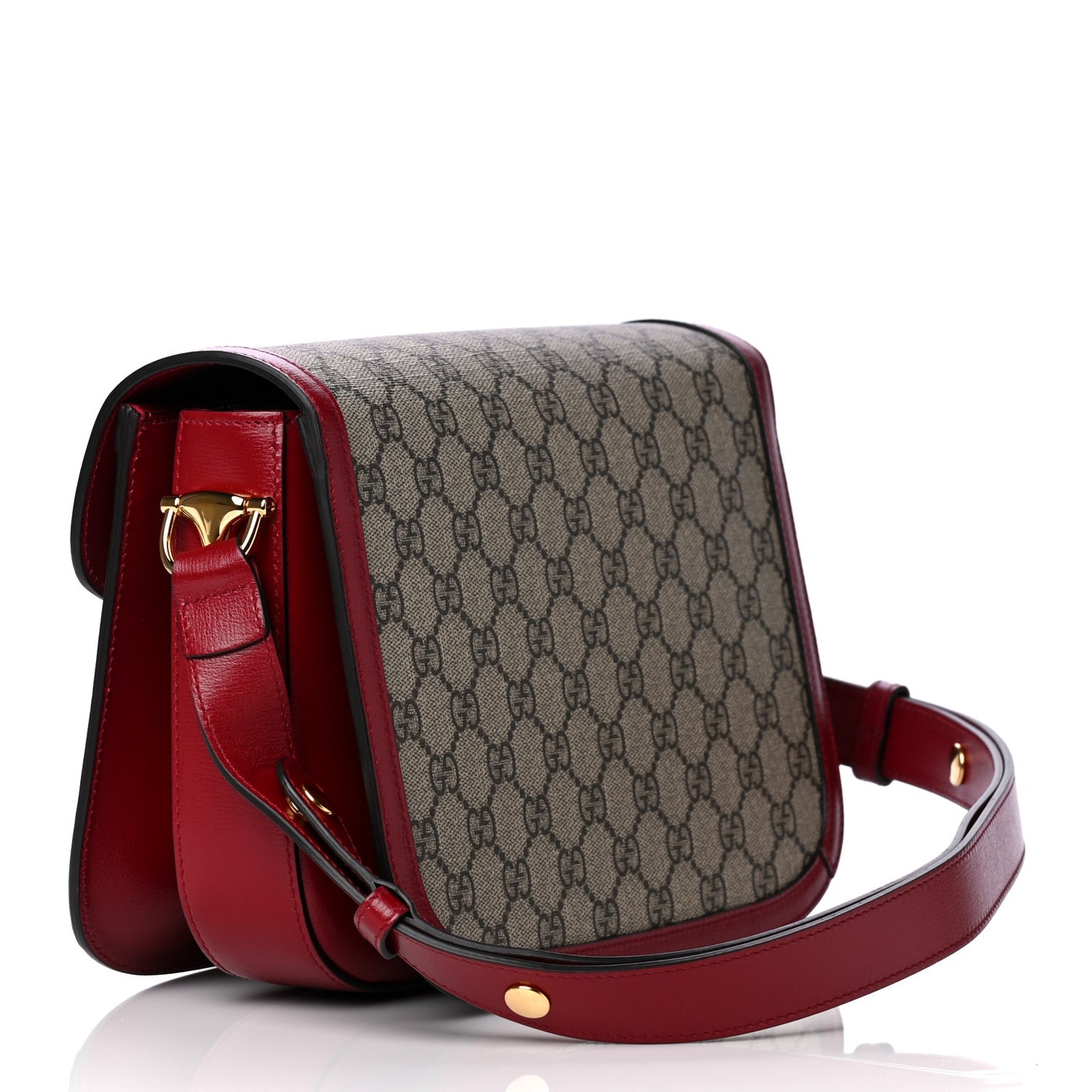 GG Supreme Monogram Azalea Calfskin Horsebit 1955 Shoulder Bag Beige Ebony New Cherry Red