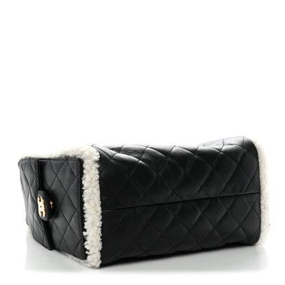 Chanel Crumpled Sheepskin Shearling Quilted Small Chanel 25 Handbag Black White 4 of 11