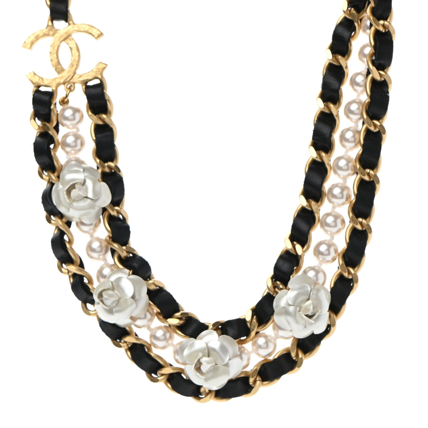Calfskin Pearl Chain 90's Camellia CC Choker Necklace Gold Black