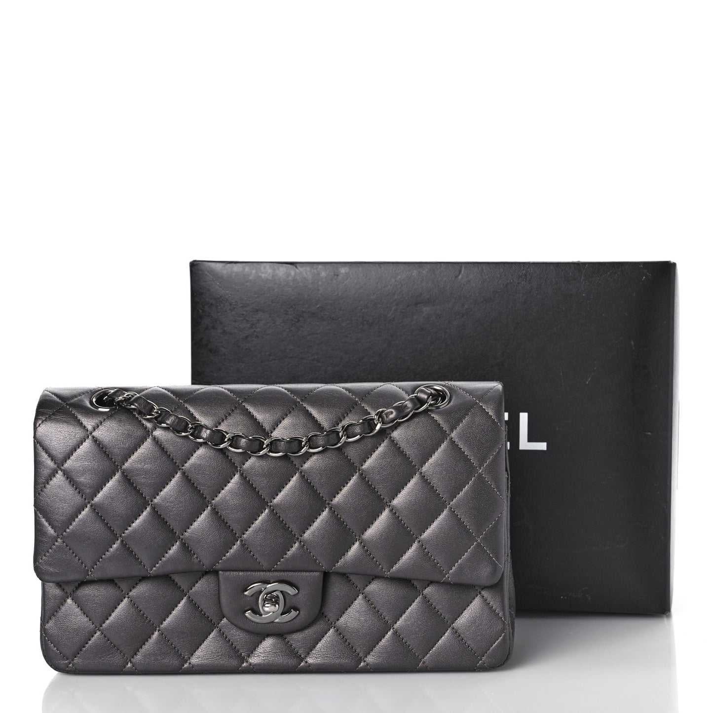 Metallic Lambskin Quilted Medium Double Flap Pewter