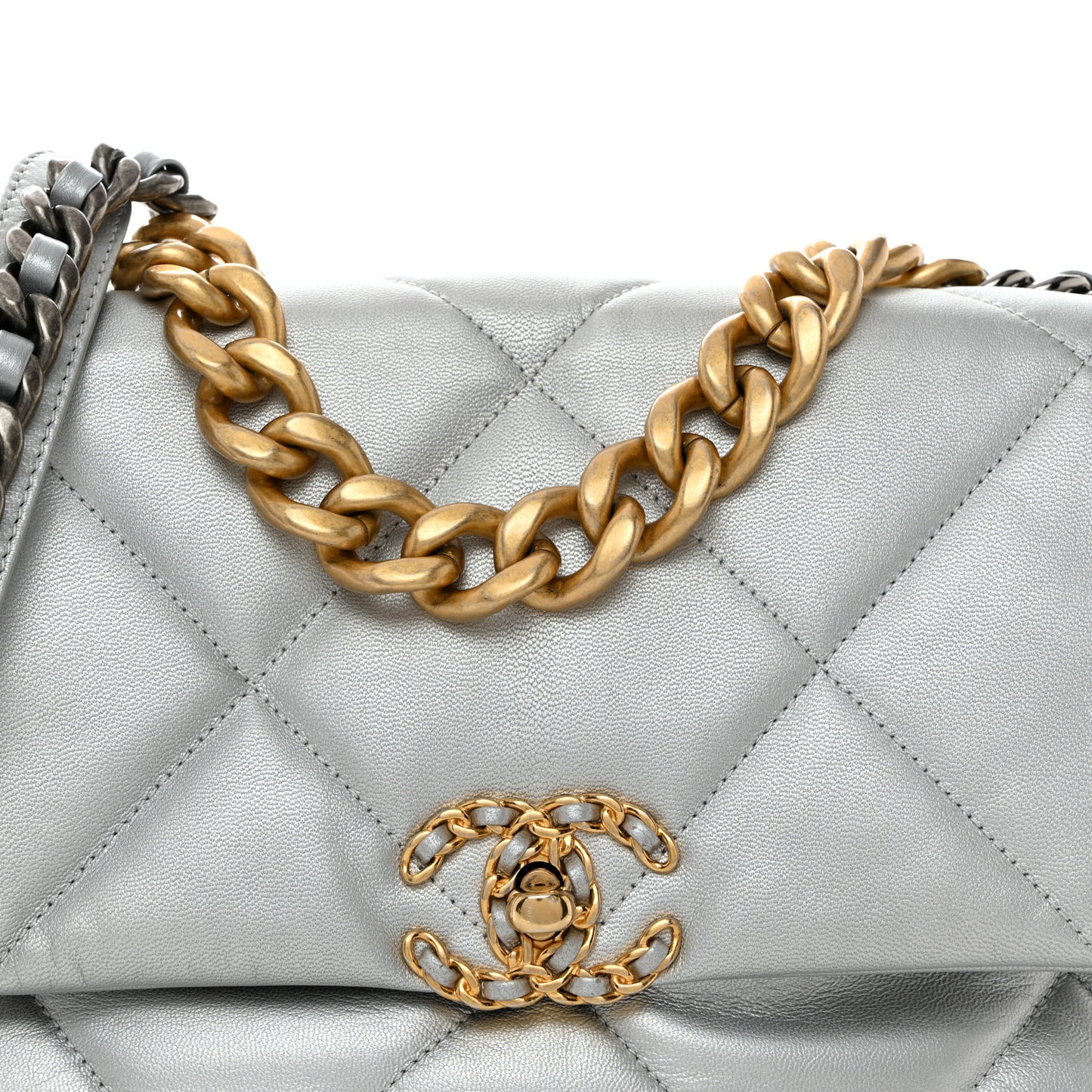 Metallic Goatskin Quilted Large Chanel 19 Flap Silver