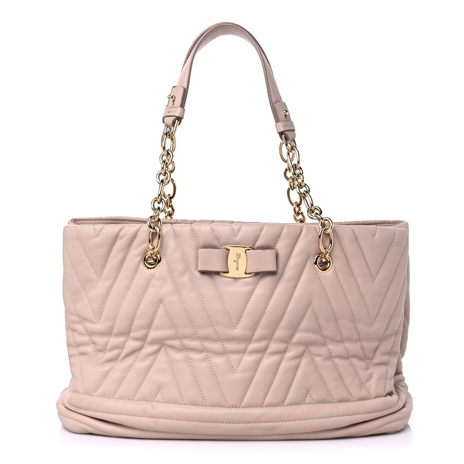 Salvatore Ferragamo Calfskin Chevron Quilted Vara Bow Chain Tote Light Pink 1 of 13
