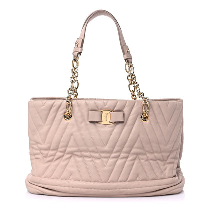 Salvatore Ferragamo Calfskin Chevron Quilted Vara Bow Chain Tote Light Pink 1 of 13