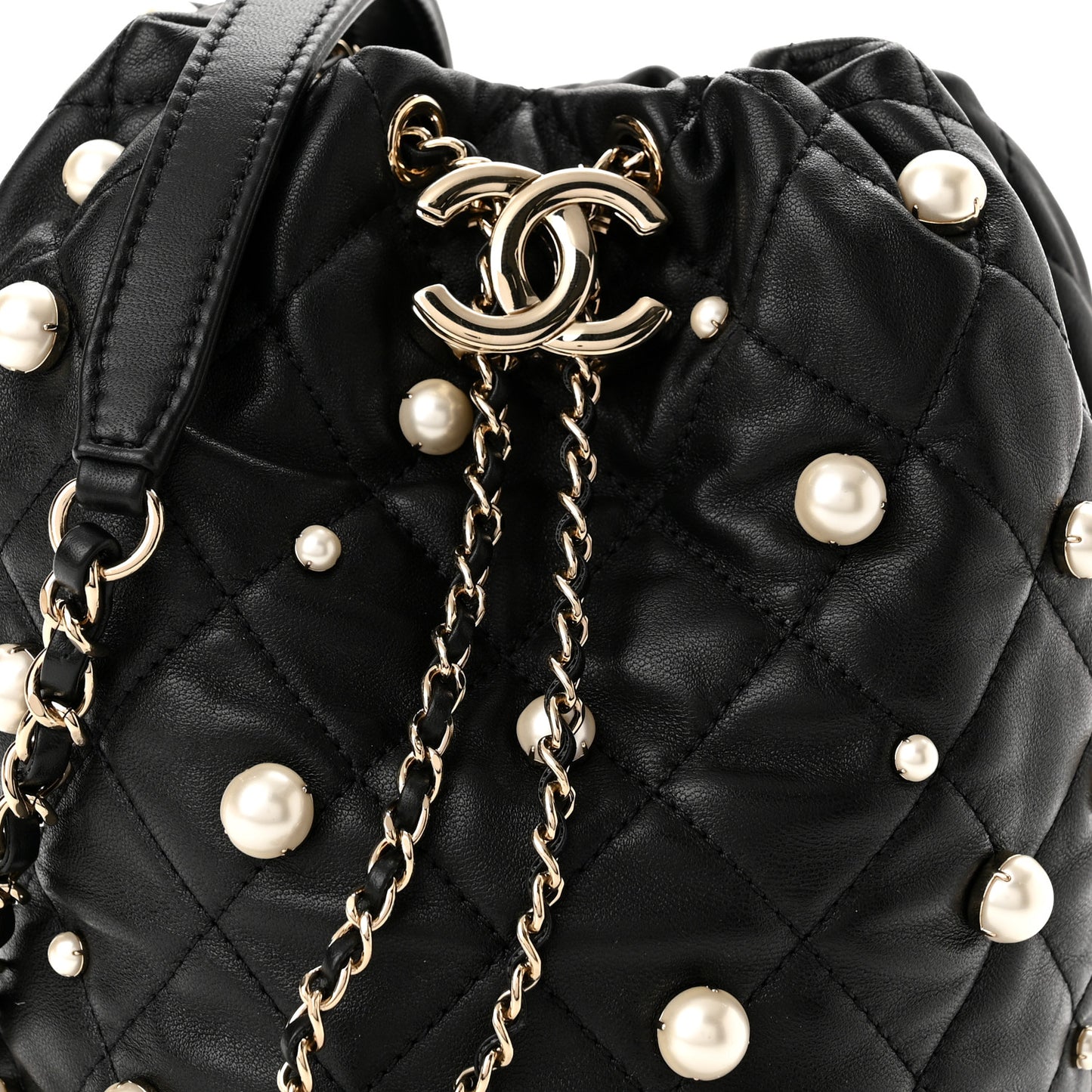 Lambskin Quilted Pearl About Pearls Drawstring Bag Black