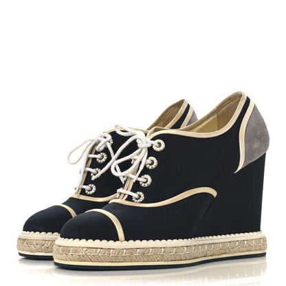 Chanel Silk Crepe Suede Calfskin Lace Up Wedge Espadrilles 39 Navy Grey 4 of 8
