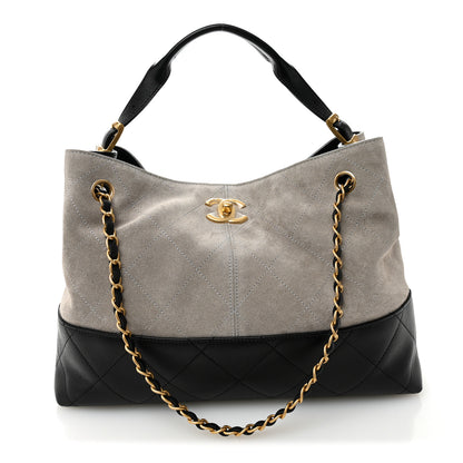 Chanel Suede Calfskin Shiny Lambskin Quilted Small Coco Base Shopping Bag Grey Black 1 of 10