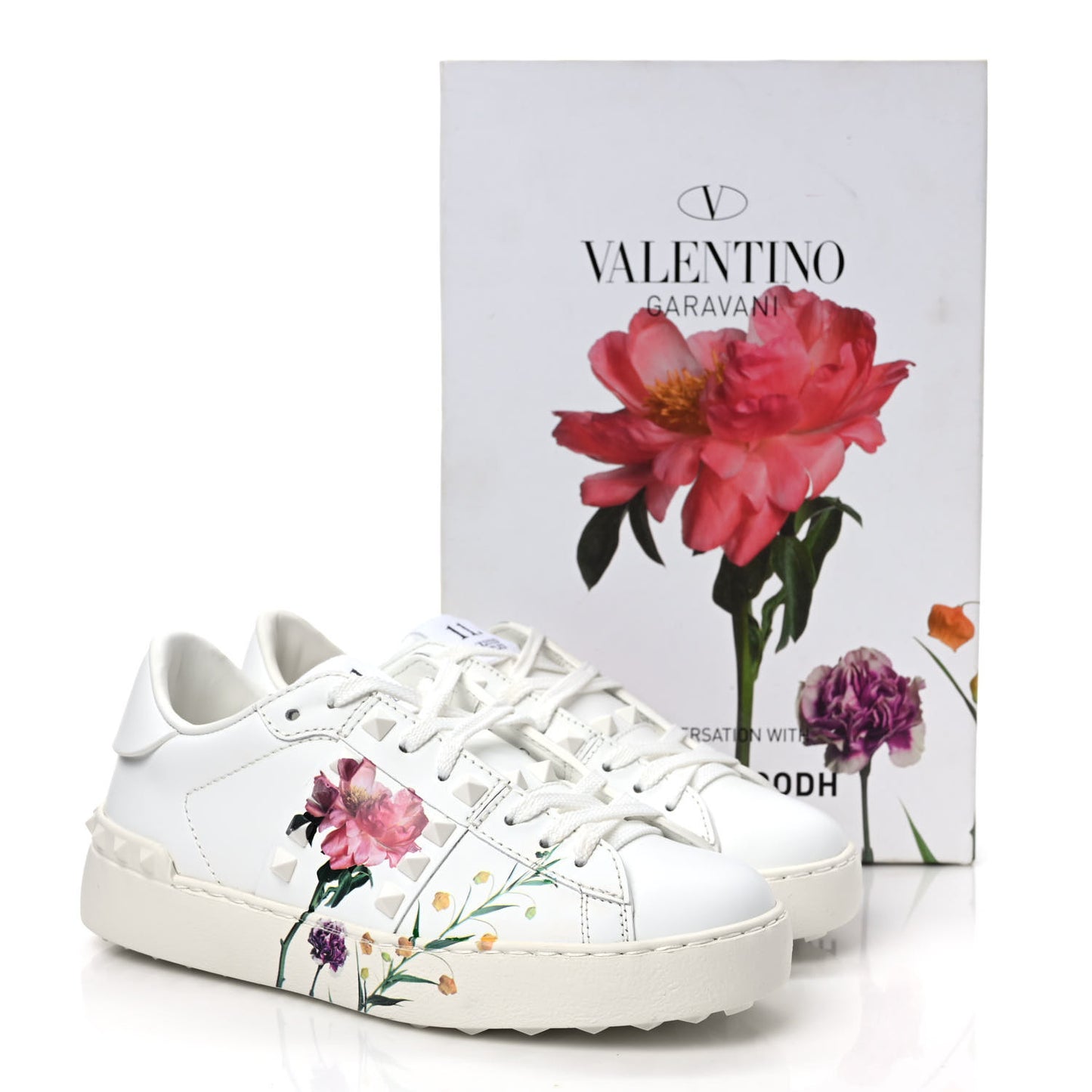 Calfskin Womens Floral Print Rockstud Sneakers 35.5 White