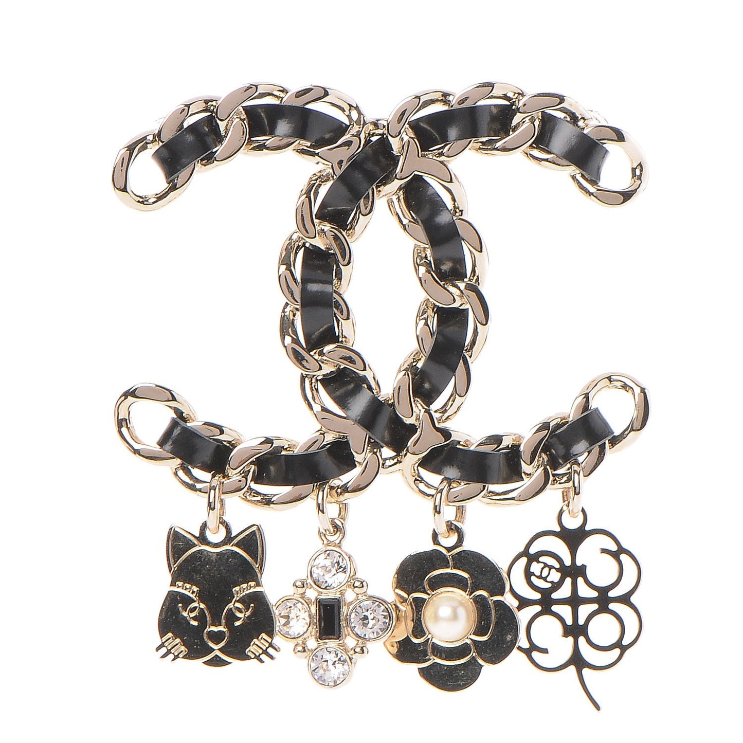 Lambskin Crystal Chain CC Charms Brooch Black Gold