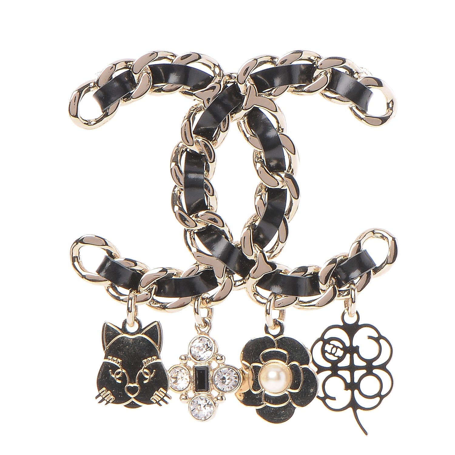 Chanel Lambskin Crystal Chain CC Charms Brooch Black Gold 1 of 5