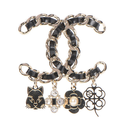 Chanel Lambskin Crystal Chain CC Charms Brooch Black Gold 1 of 5
