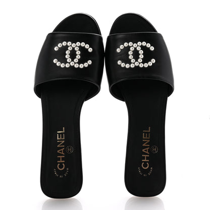 Chanel Lambskin Pearl CC Sandals 38.5 Black 2 of 9