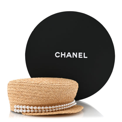 Chanel Straw Pearl Logo Newsboy Cap M Beige Pearly White 10 of 10