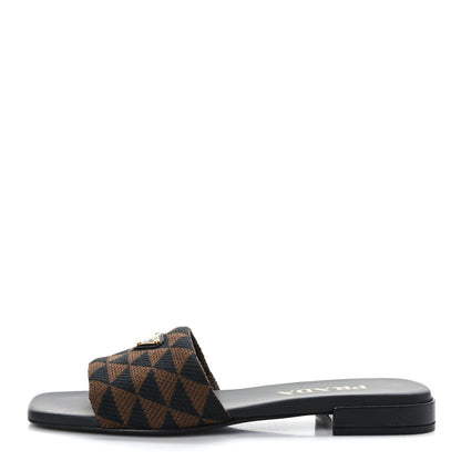 Prada Jacquard Trianglolo Symbole Embroidered Metal Triangle Logo 10mm Slide Sandals 36.5 Black Bruciato 1 of 7