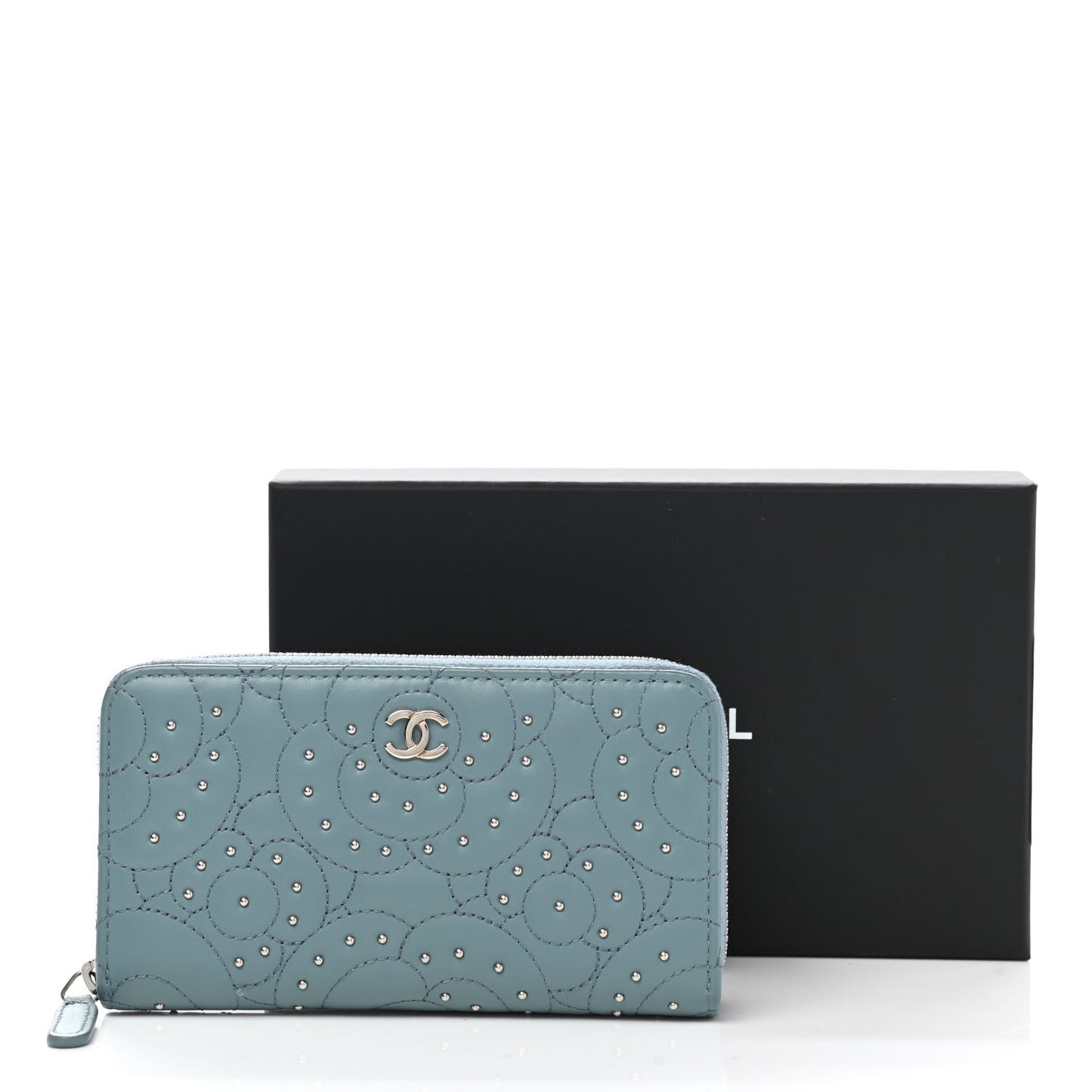 Lambskin Camellia Embossed Studded Medium Zip Around Blue