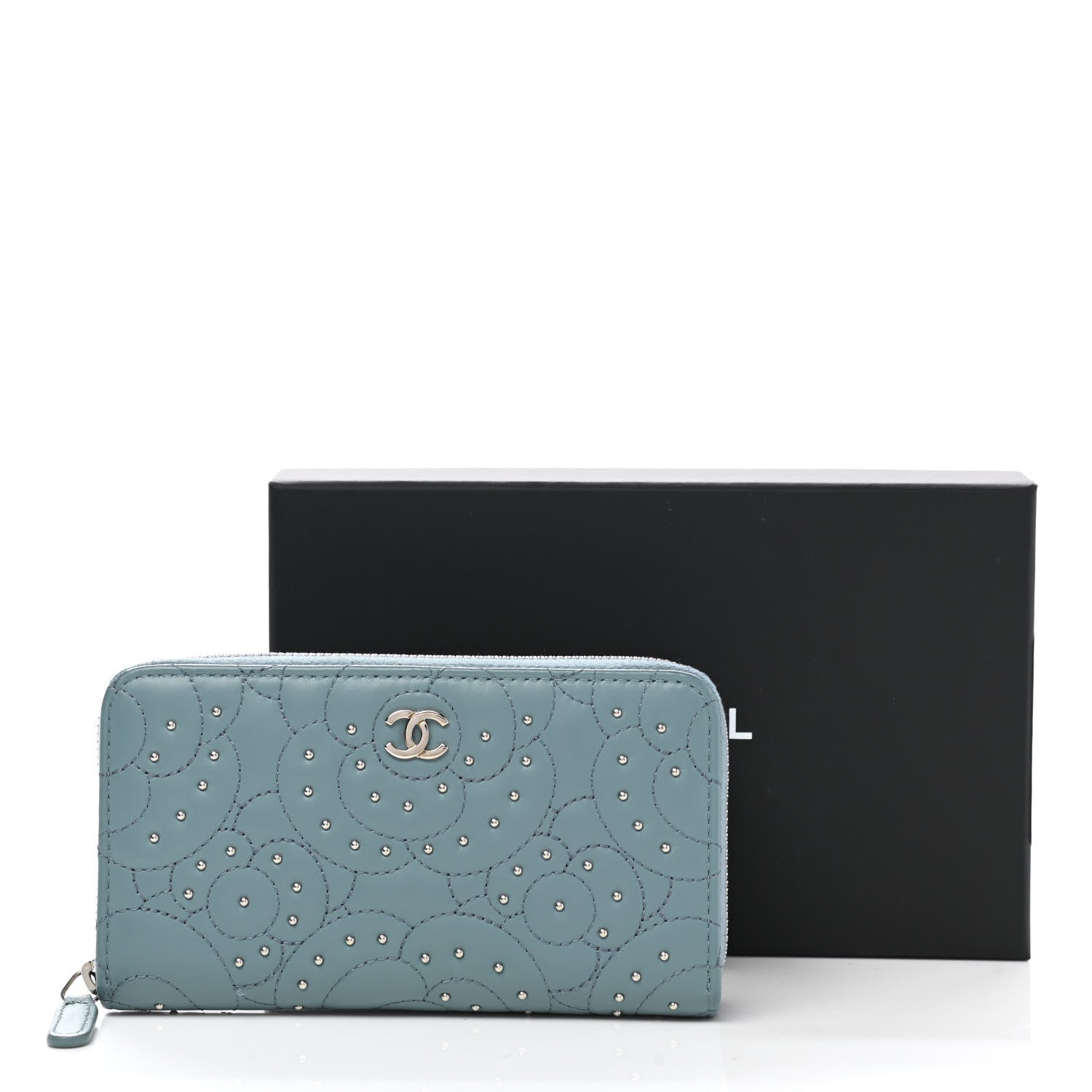 Chanel Lambskin Camellia Embossed Studded Medium Zip Around Blue 9 of 9