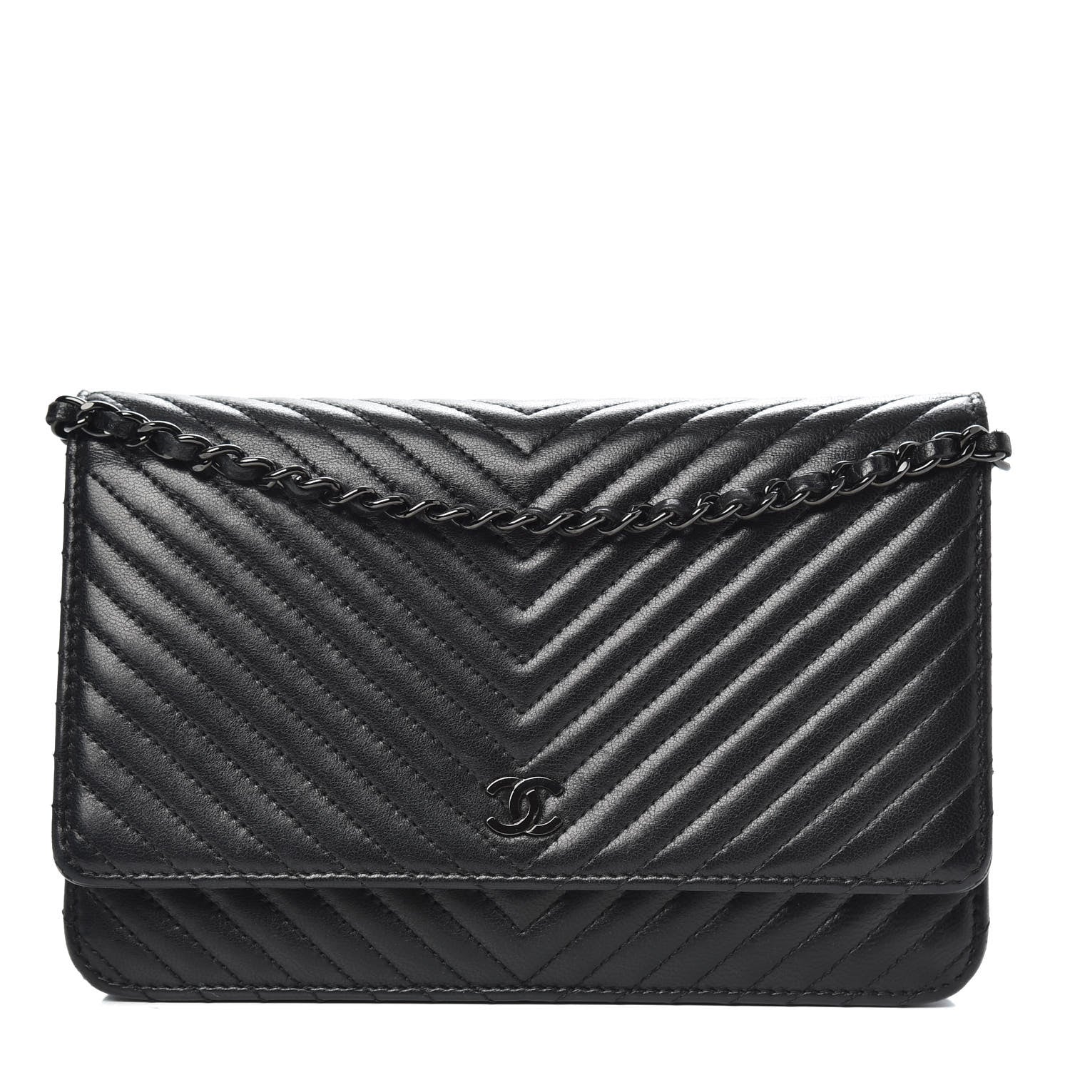 Chanel Lambskin Chevron Quilted Wallet On Chain WOC So Black 1 of 13