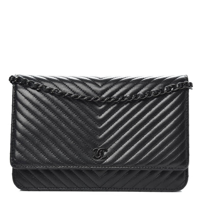 Chanel Lambskin Chevron Quilted Wallet On Chain WOC So Black 1 of 13
