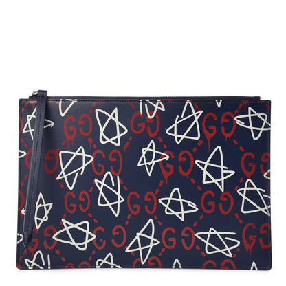 Gucci Calfskin GucciGhost Print Pouch Blue Agata Hibiscus Red 1 of 9