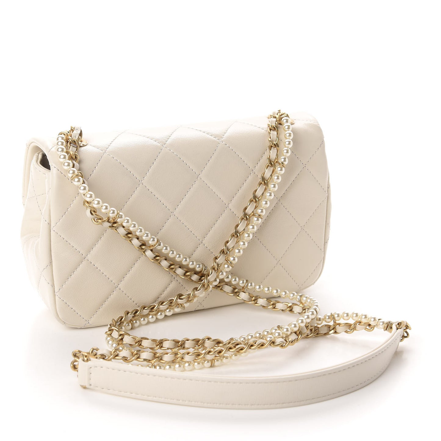 Calfskin Quilted Crystal Pearls Small Flap Bag White