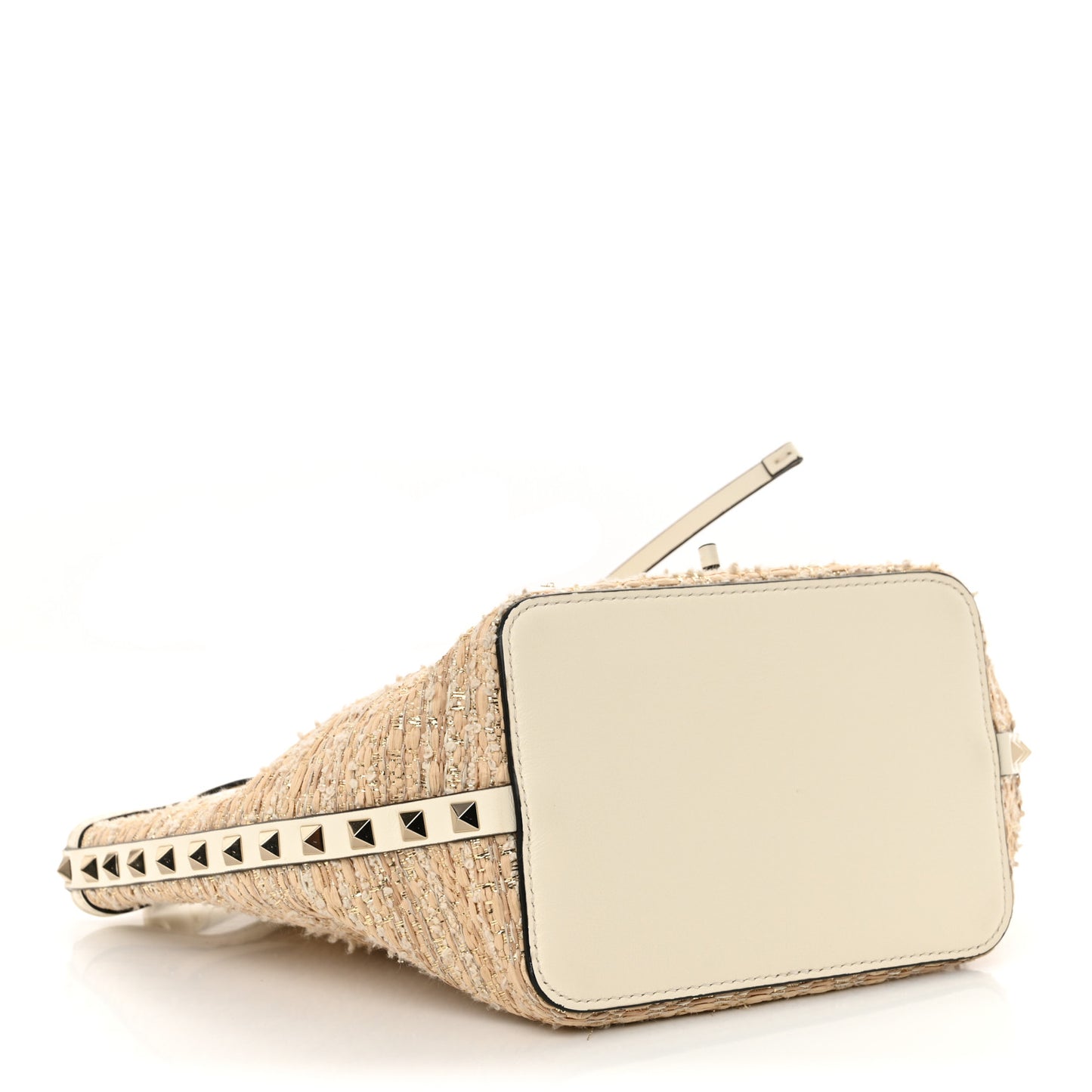 Metallic Boucle Raffia Calfskin Rockstud Drawstring Bucket Bag Ivory Gold