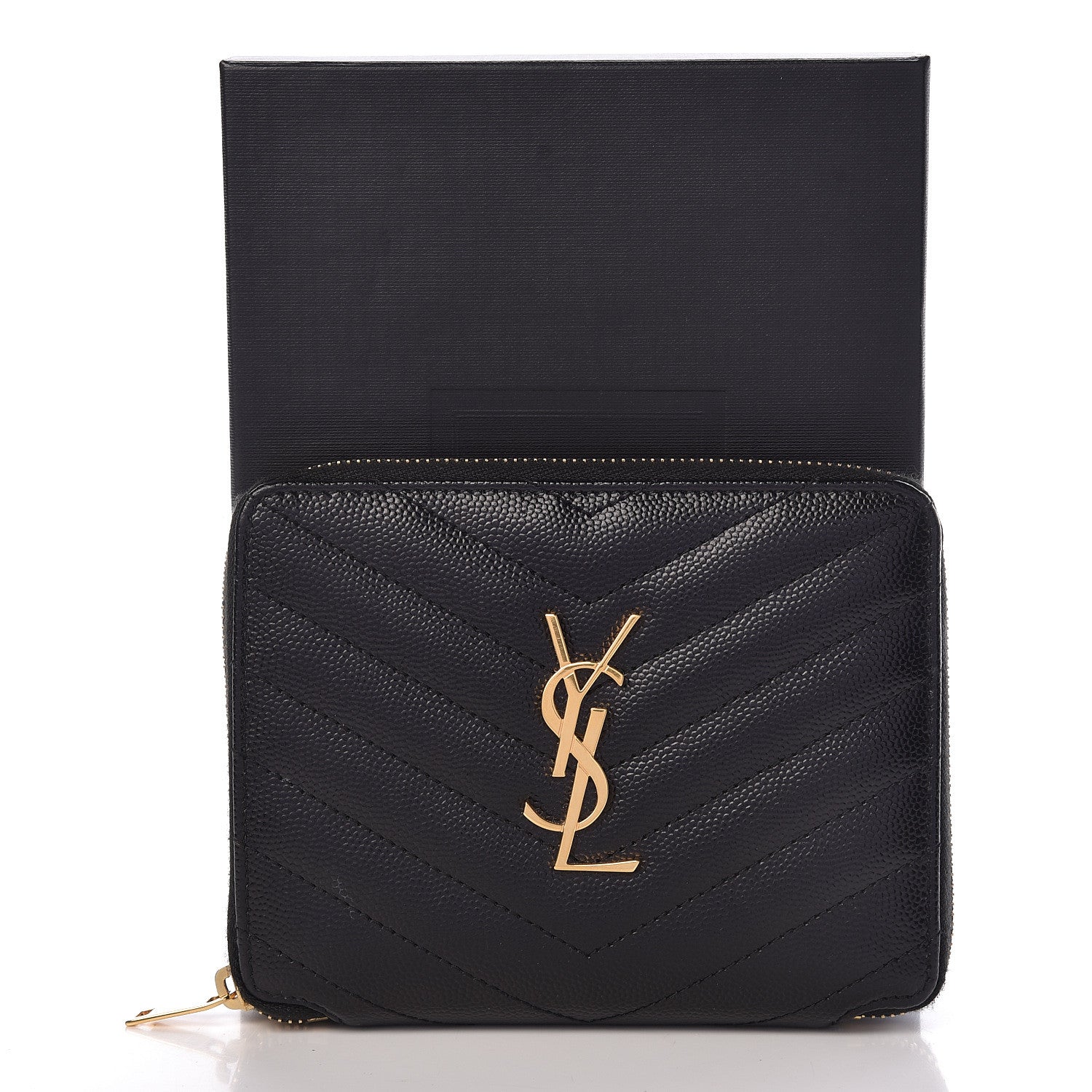 Saint Laurent Grain De Poudre Matelasse Chevron Monogram Compact Zip Around Wallet Black 8 of 8
