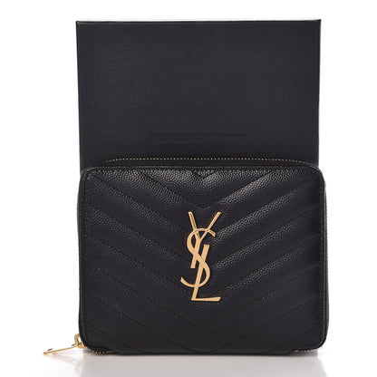 Saint Laurent Grain De Poudre Matelasse Chevron Monogram Compact Zip Around Wallet Black 8 of 8