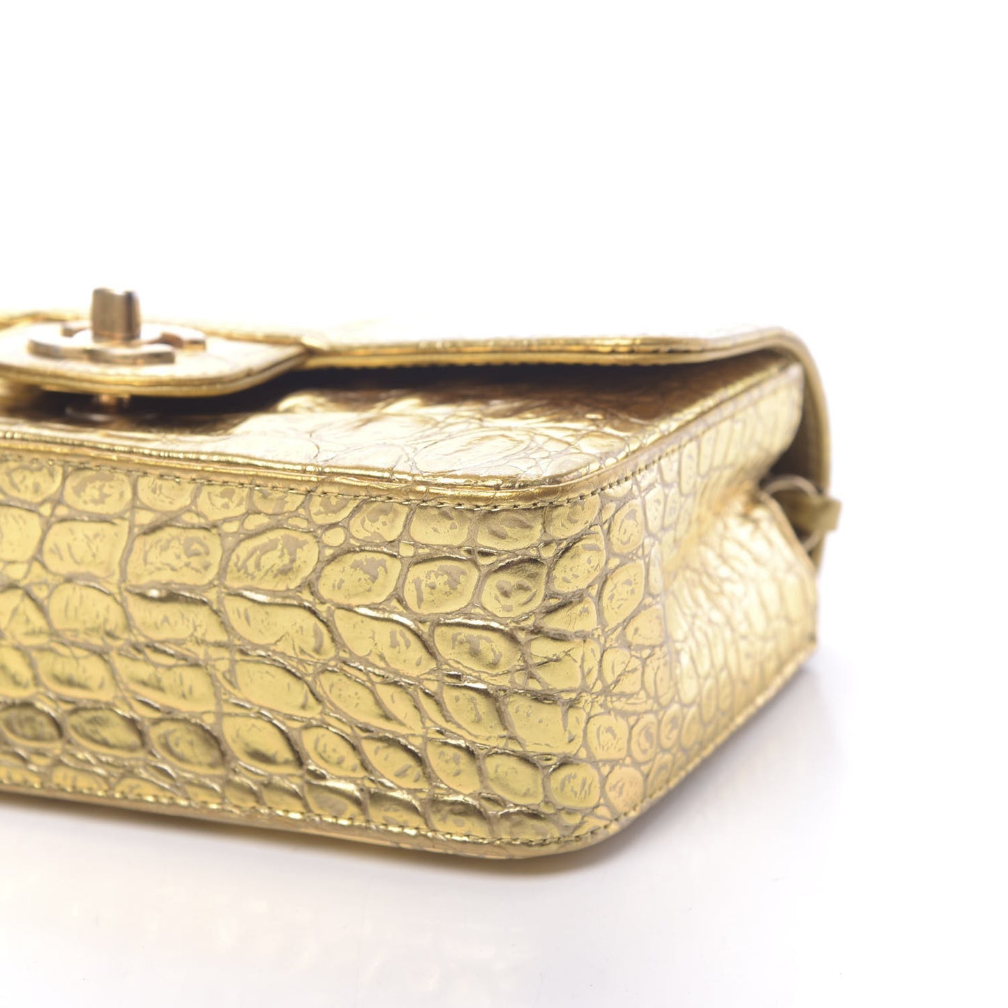 Metallic Calfskin Crocodile Embossed Cocodile Rectangular Mini Flap Gold