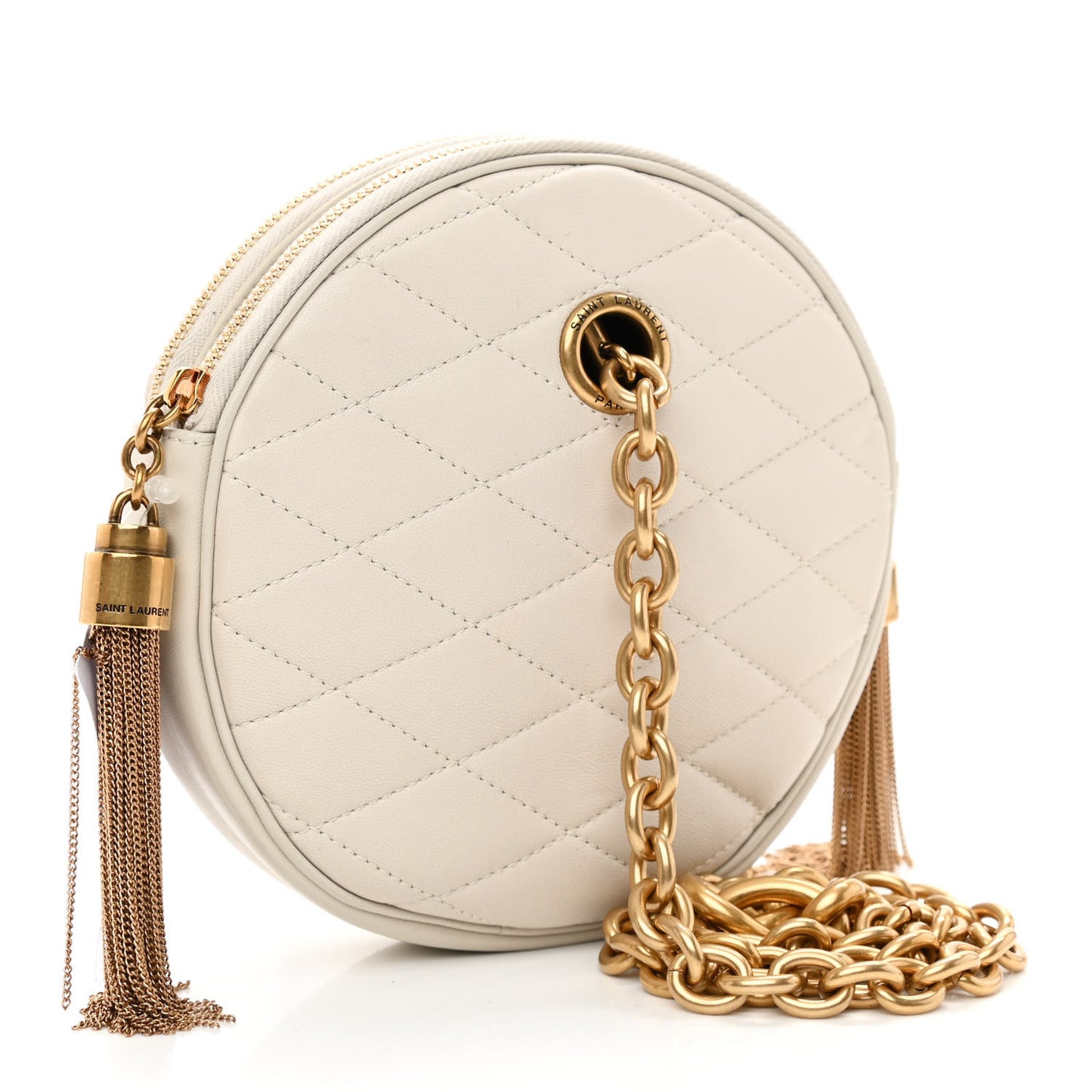 Lambskin Quilted Round Le Maillon Round Tassel Chain Crossbody Bag Crema Soft
