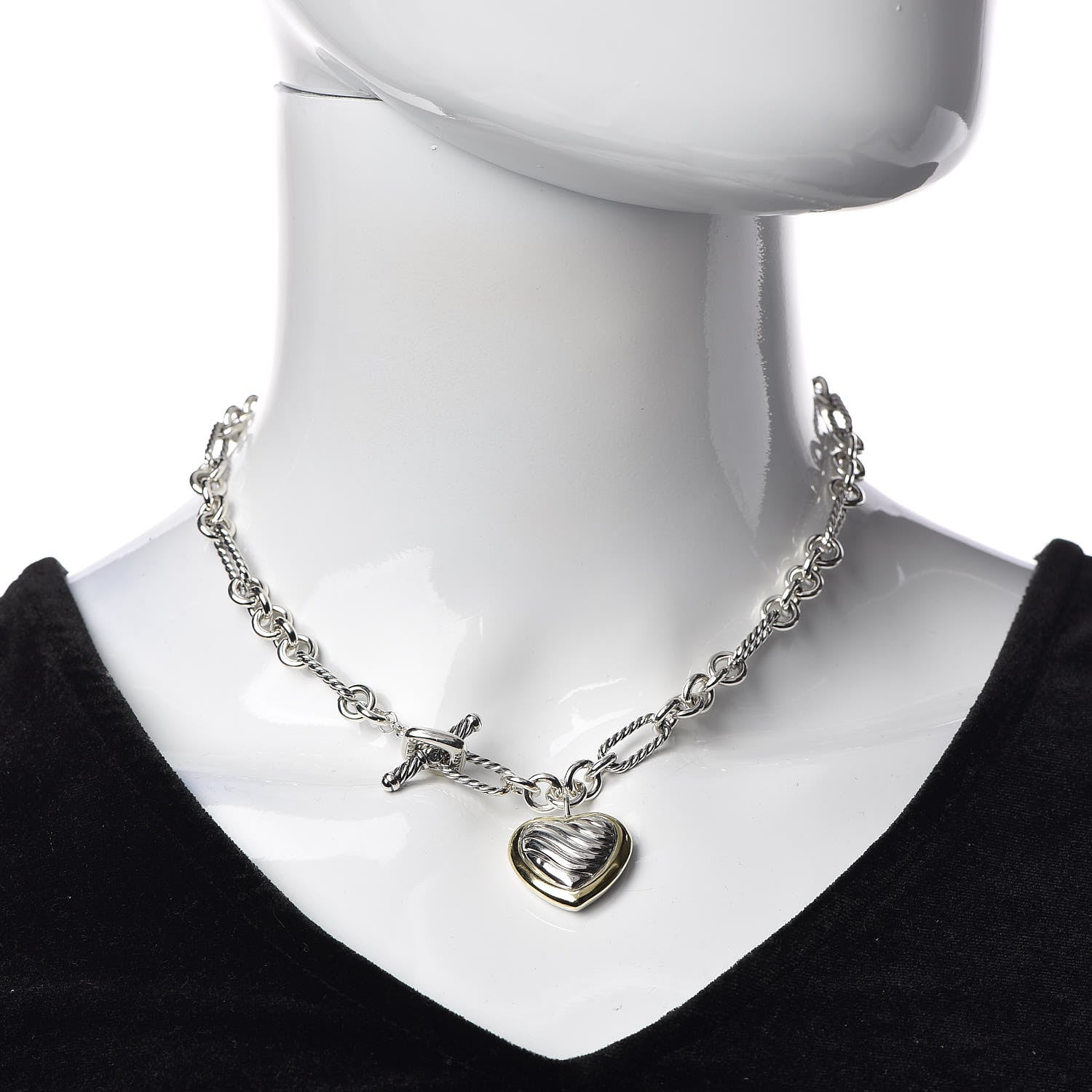 David Yurman Sterling Silver 18K Yellow Gold Cable Heart Figaro Necklace 2 of 7