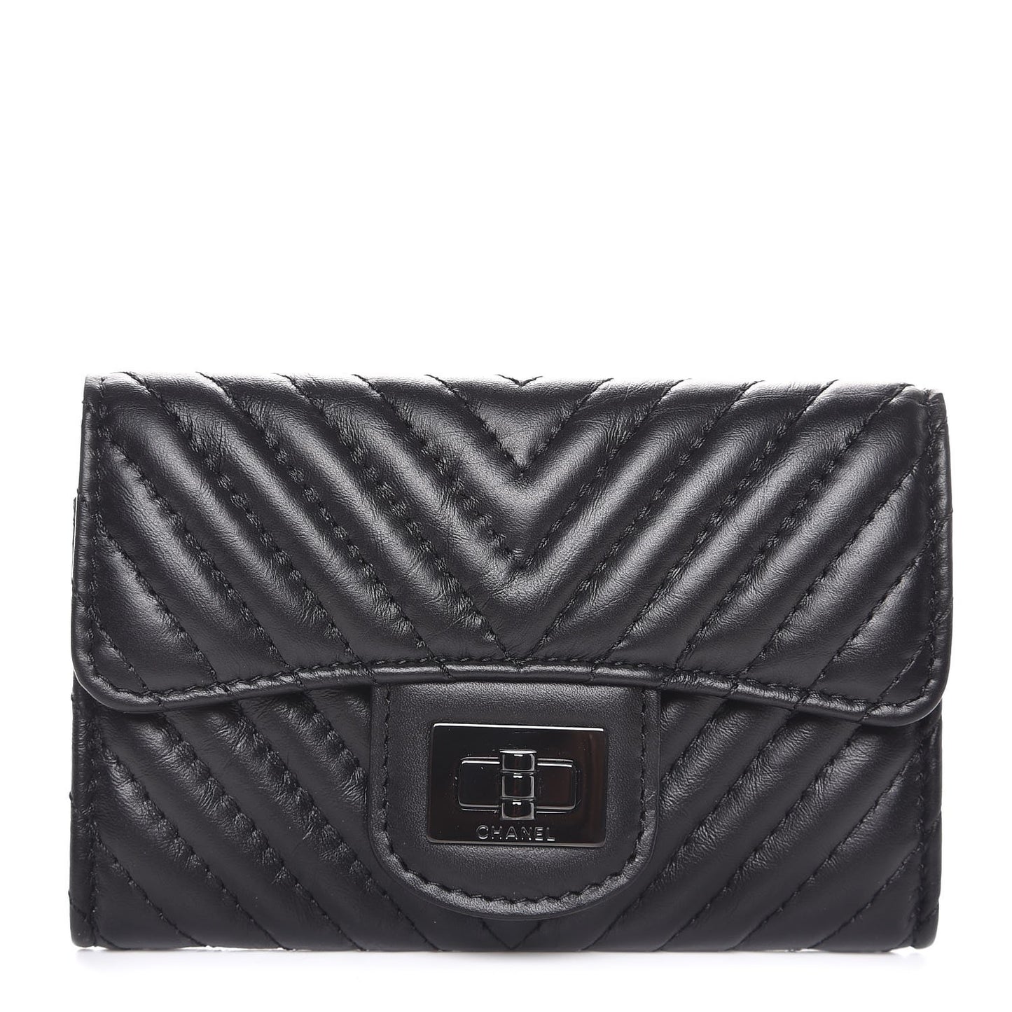 Aged Calfskin Chevron Quilted Card Holder Wallet So Black