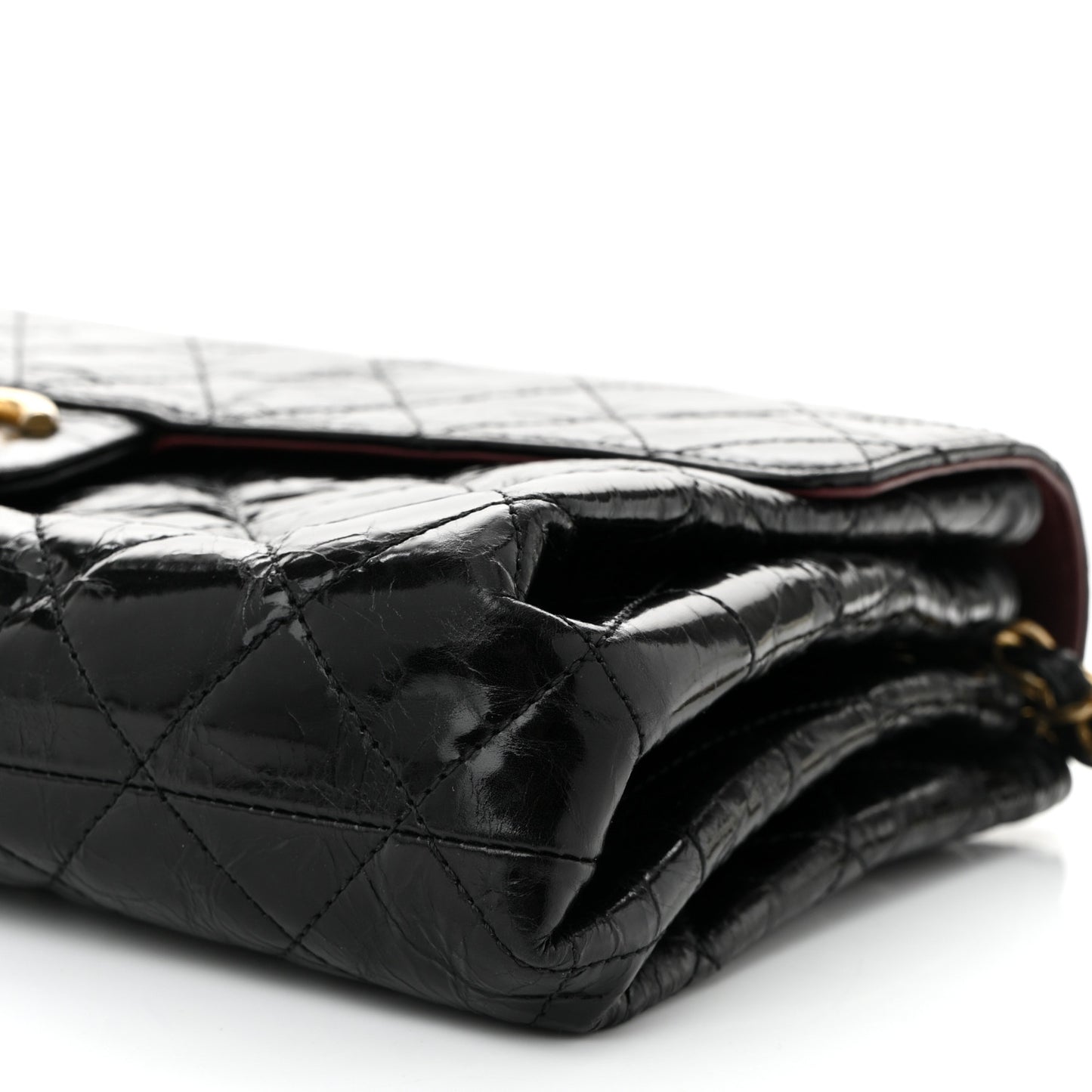 Glazed Crinkled Calfskin Quilted Flap Black