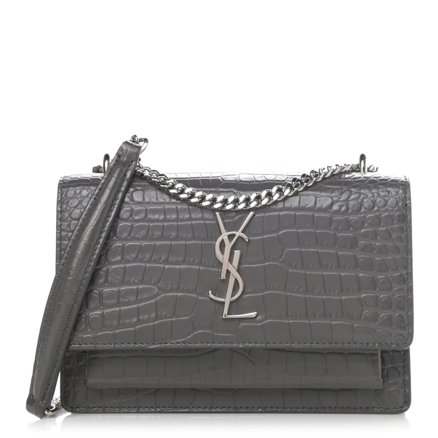 Calfskin Crocodile Embossed Monogram Sunset Chain Wallet Graphite