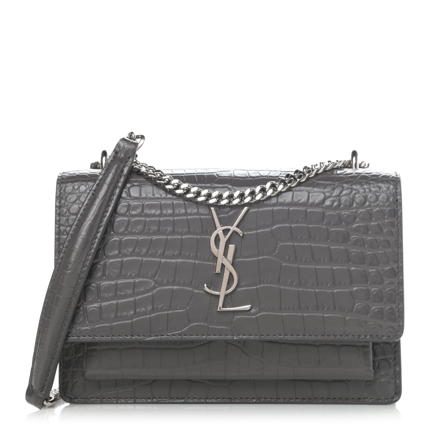 Saint Laurent Calfskin Crocodile Embossed Monogram Sunset Chain Wallet Graphite 1 of 4