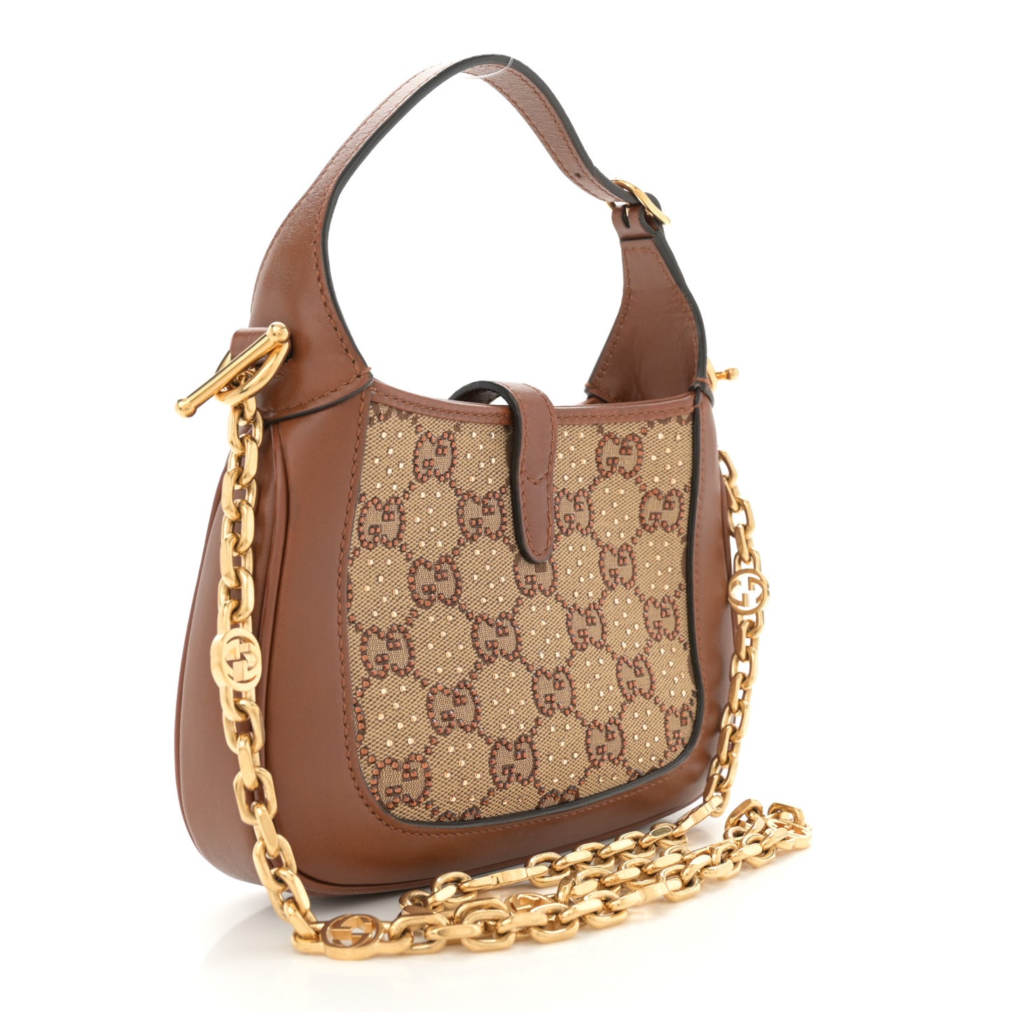 New Canvas Charisma Calfskin Crystal GG Monogram Mini Jackie 1961 Hobo Camel Ebony