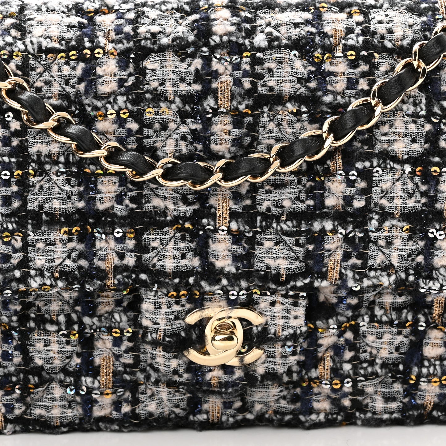 Glittered Tweed Quilted Medium Double Flap Navy Blue