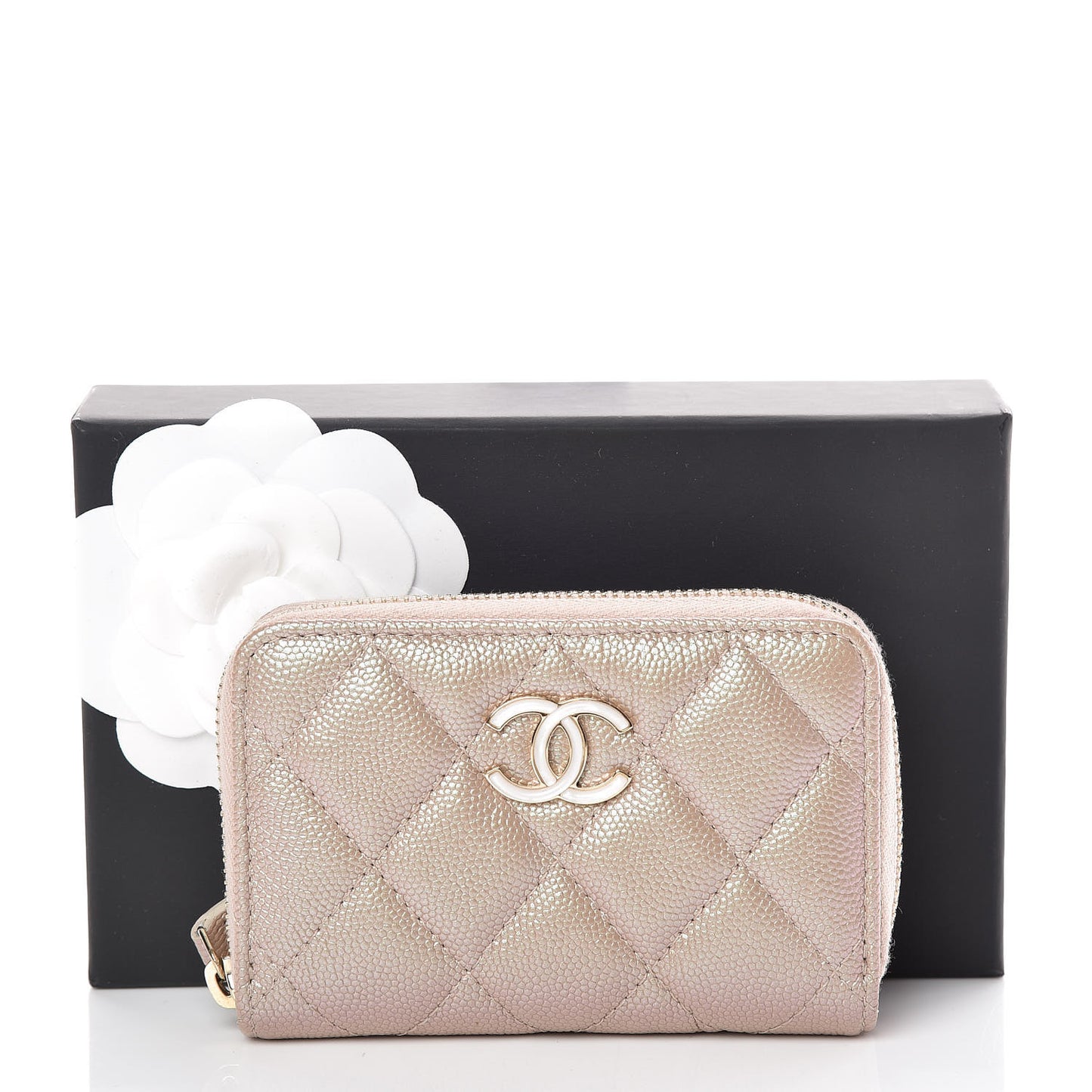 Iridescent Caviar Quilted Zip Coin Purse Beige