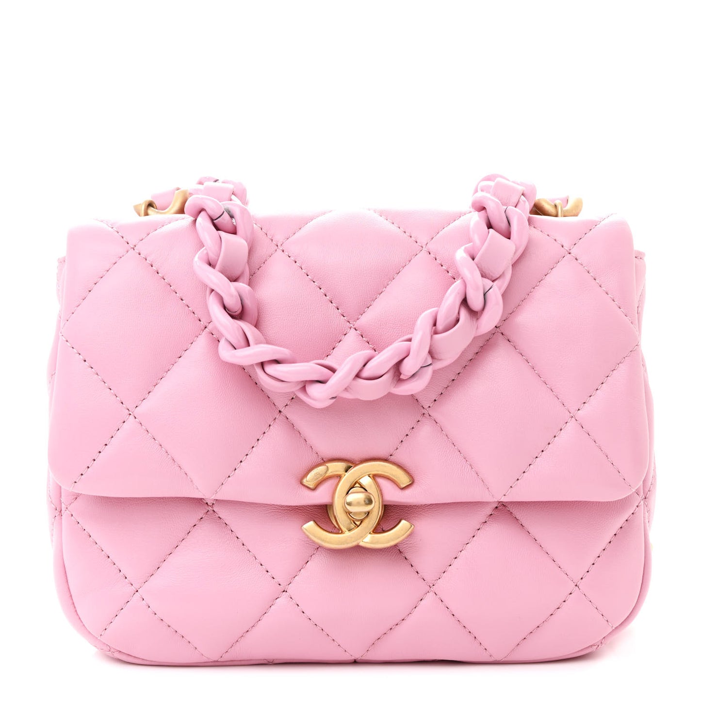 Lambskin Quilted Mini Lacquered Chain Flap Pink