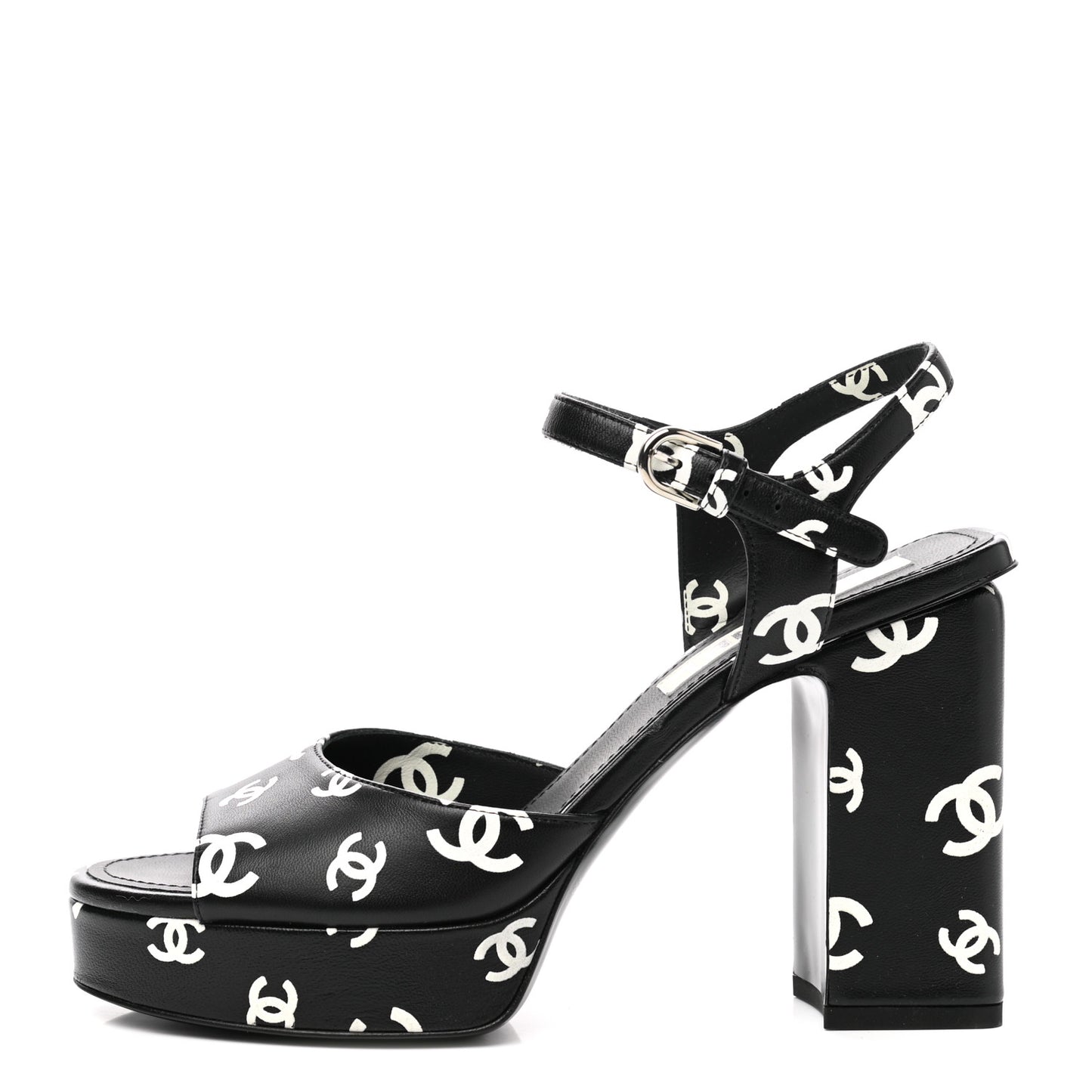 Printed Lambskin CC Platform Sandals 38 Black White