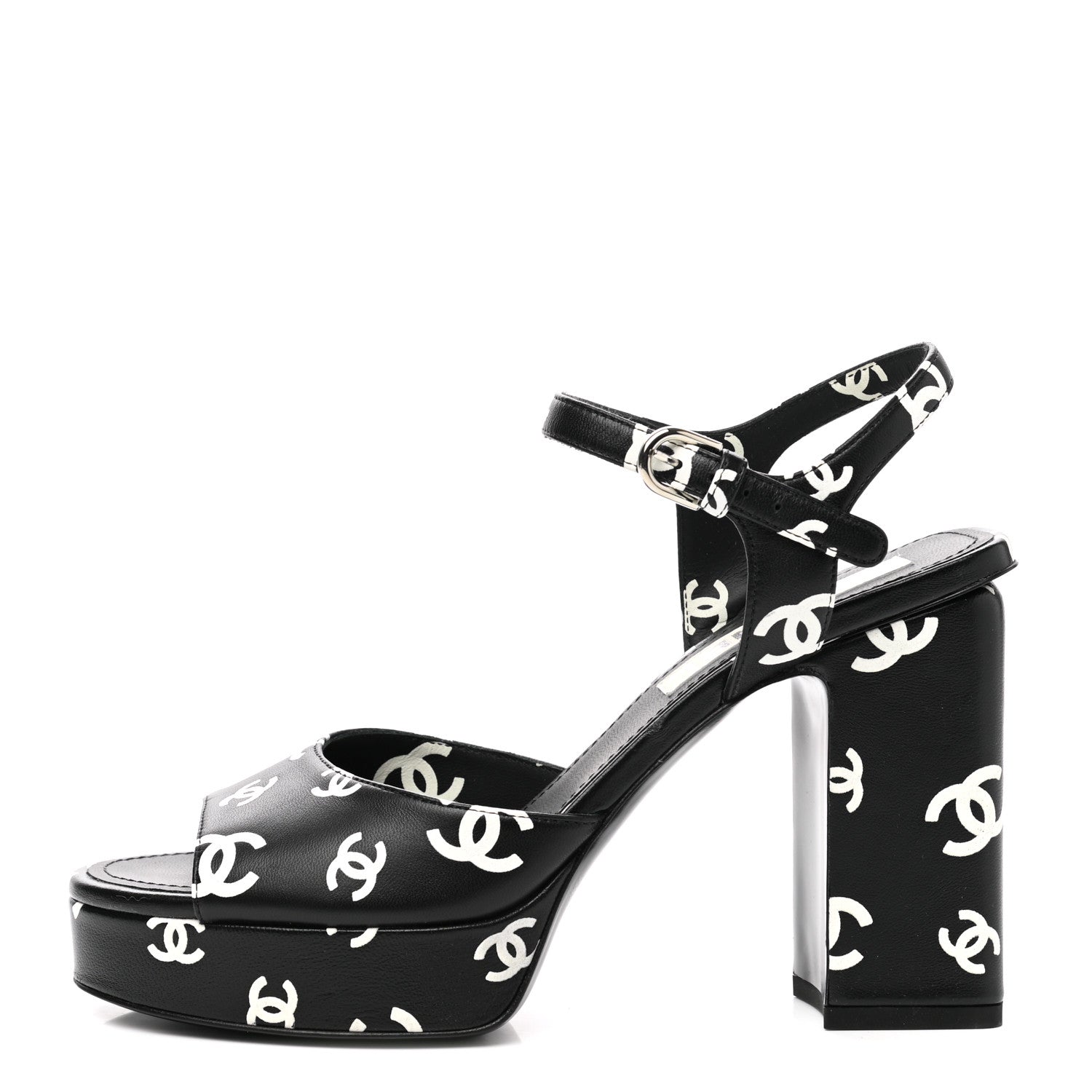 Chanel Printed Lambskin CC Platform Sandals 38 Black White 1 of 9