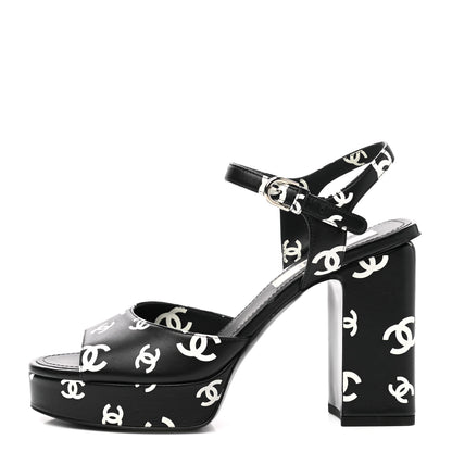 Chanel Printed Lambskin CC Platform Sandals 38 Black White 1 of 9