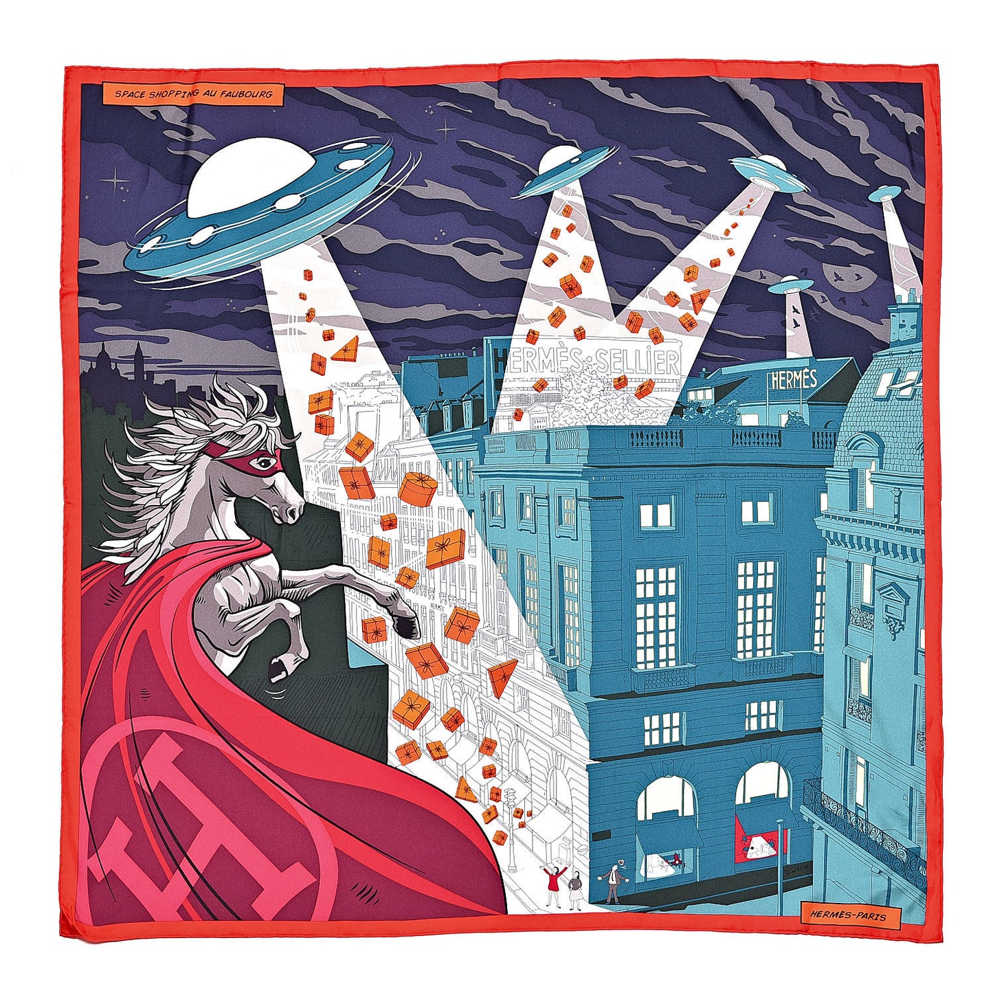 Silk Space Shopping Au Faubourg Scarf 90 Vert Bleu Nuit Bordeaux