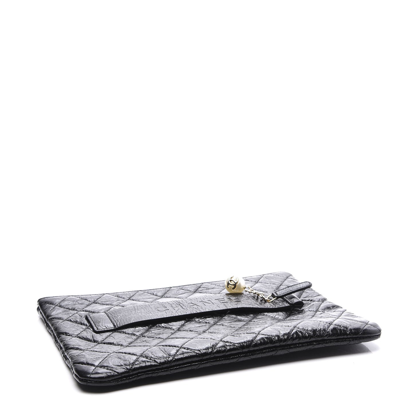 Shiny Crumpled Calfskin Quilted Medium Night by the C Pouch Clutch Black