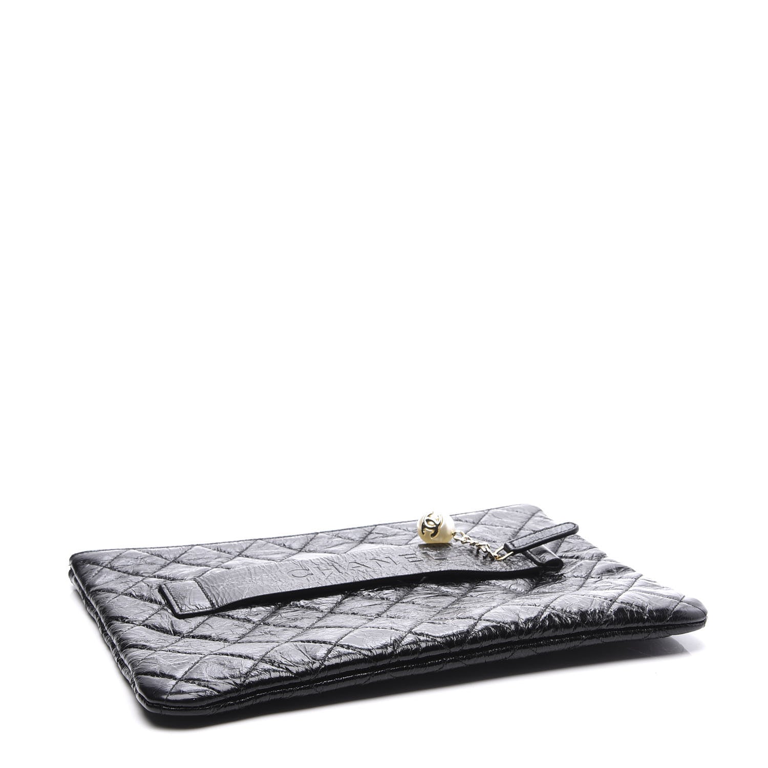 Chanel Shiny Crumpled Calfskin Quilted Medium Night by the C Pouch Clutch Black 3 of 9