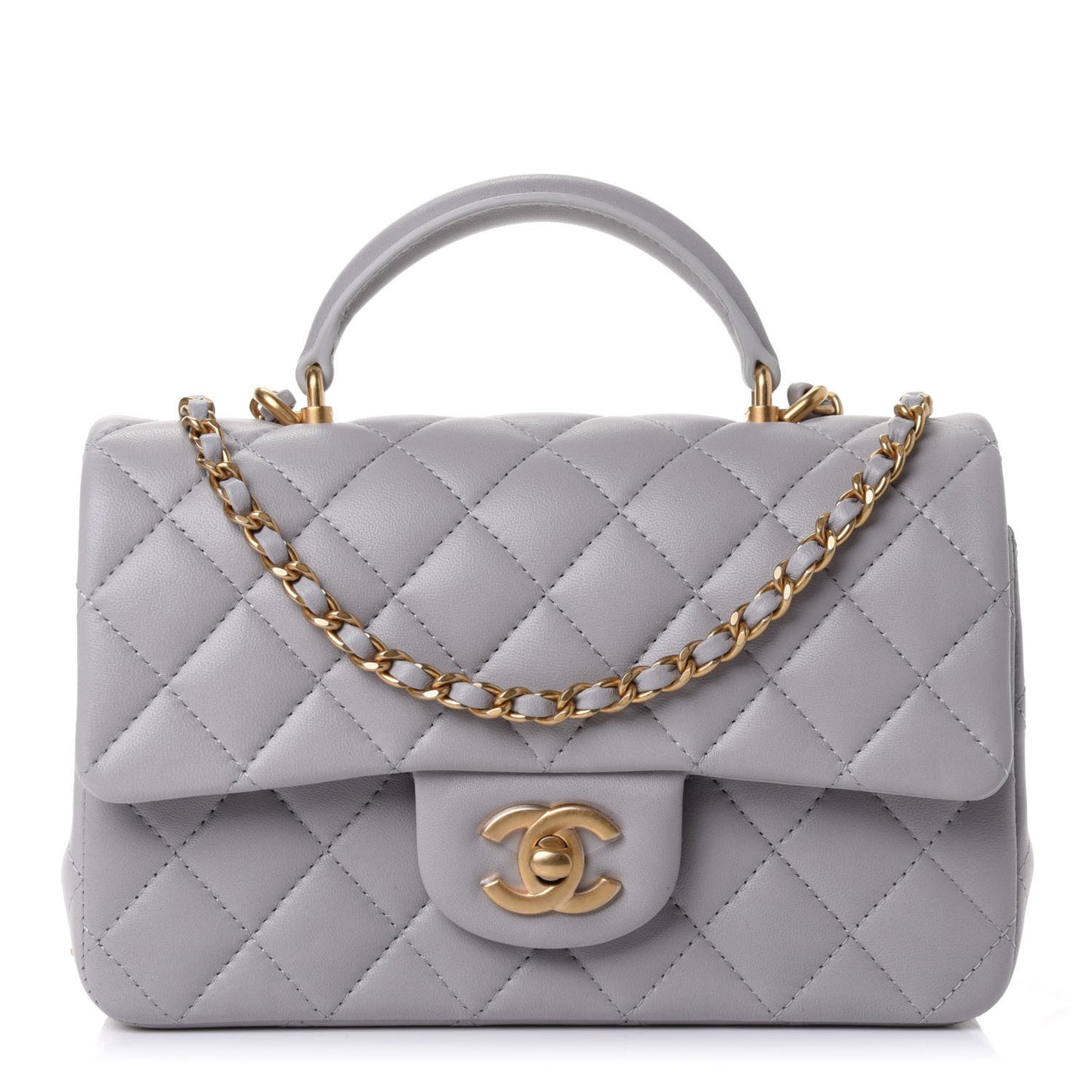 Lambskin Quilted Mini Top Handle Rectangular Flap Grey