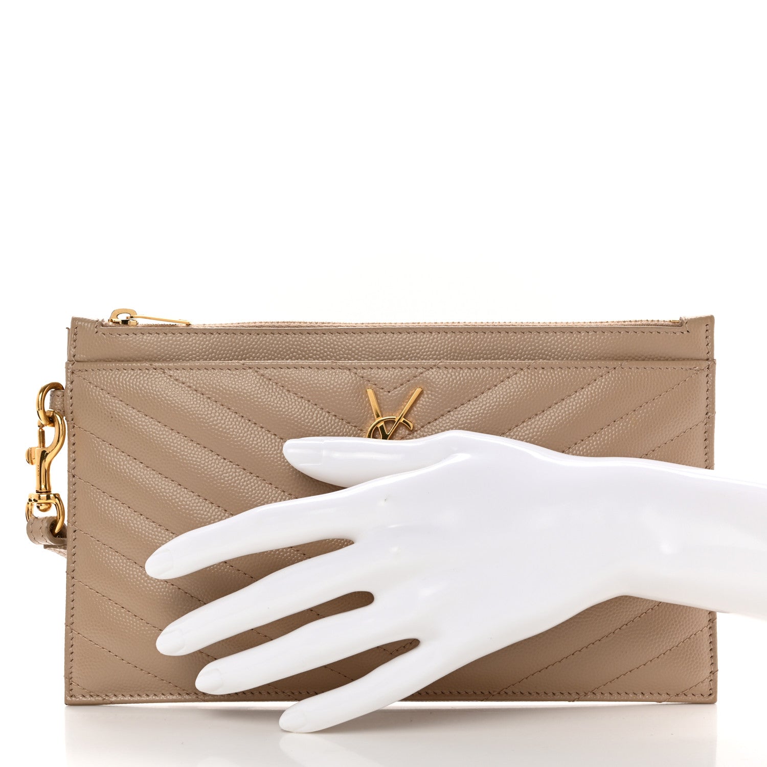 Saint Laurent Grain De Poudre Chevron Monogram Large Bill Pouch Dark Beige 2 of 14