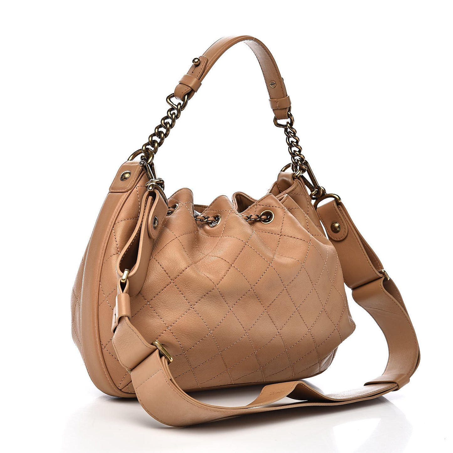 Calfskin Stitched Medium Drawstring CC Bag Beige
