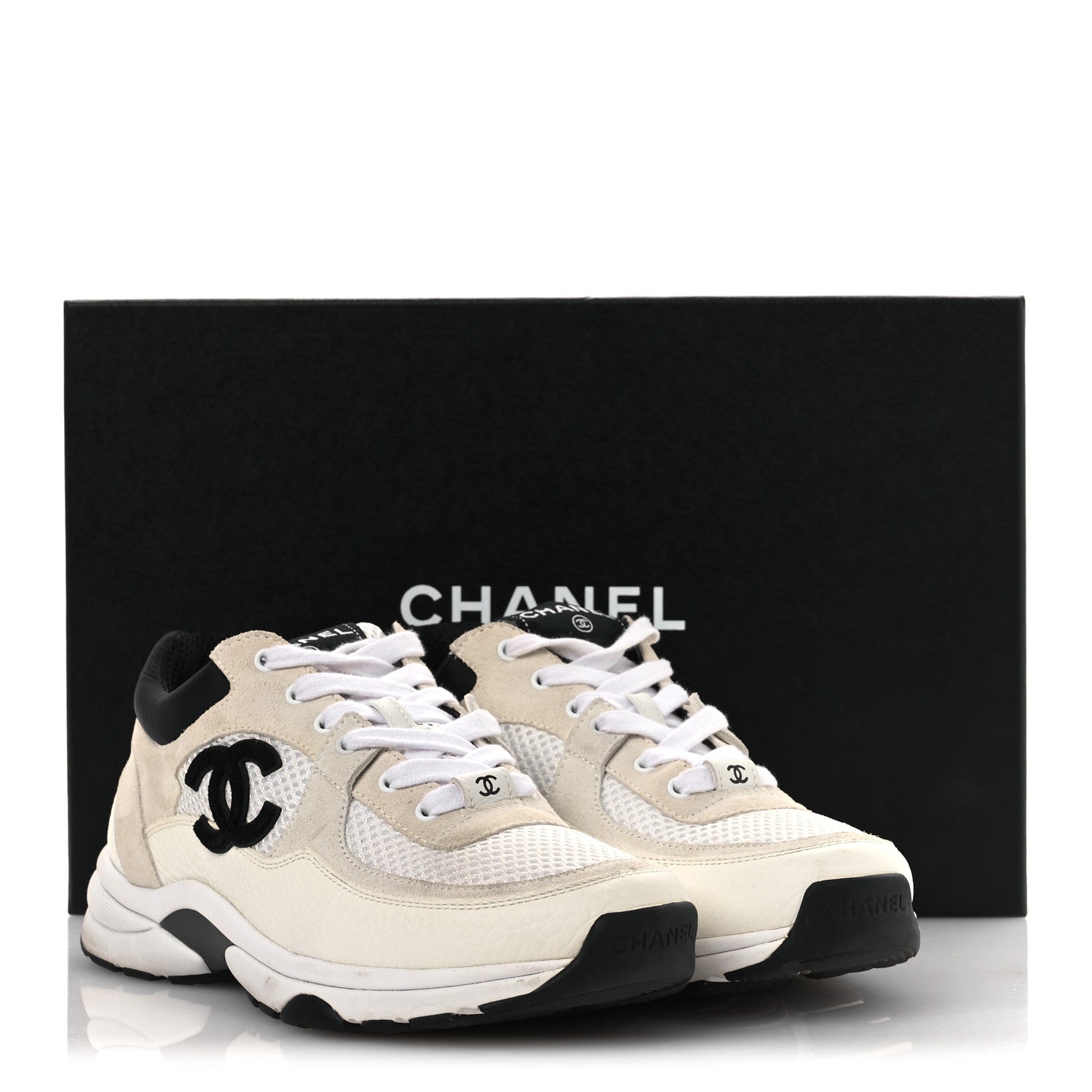 Chanel Mesh Suede Calfskin Grained Calfskin Womens CC Sneakers 37