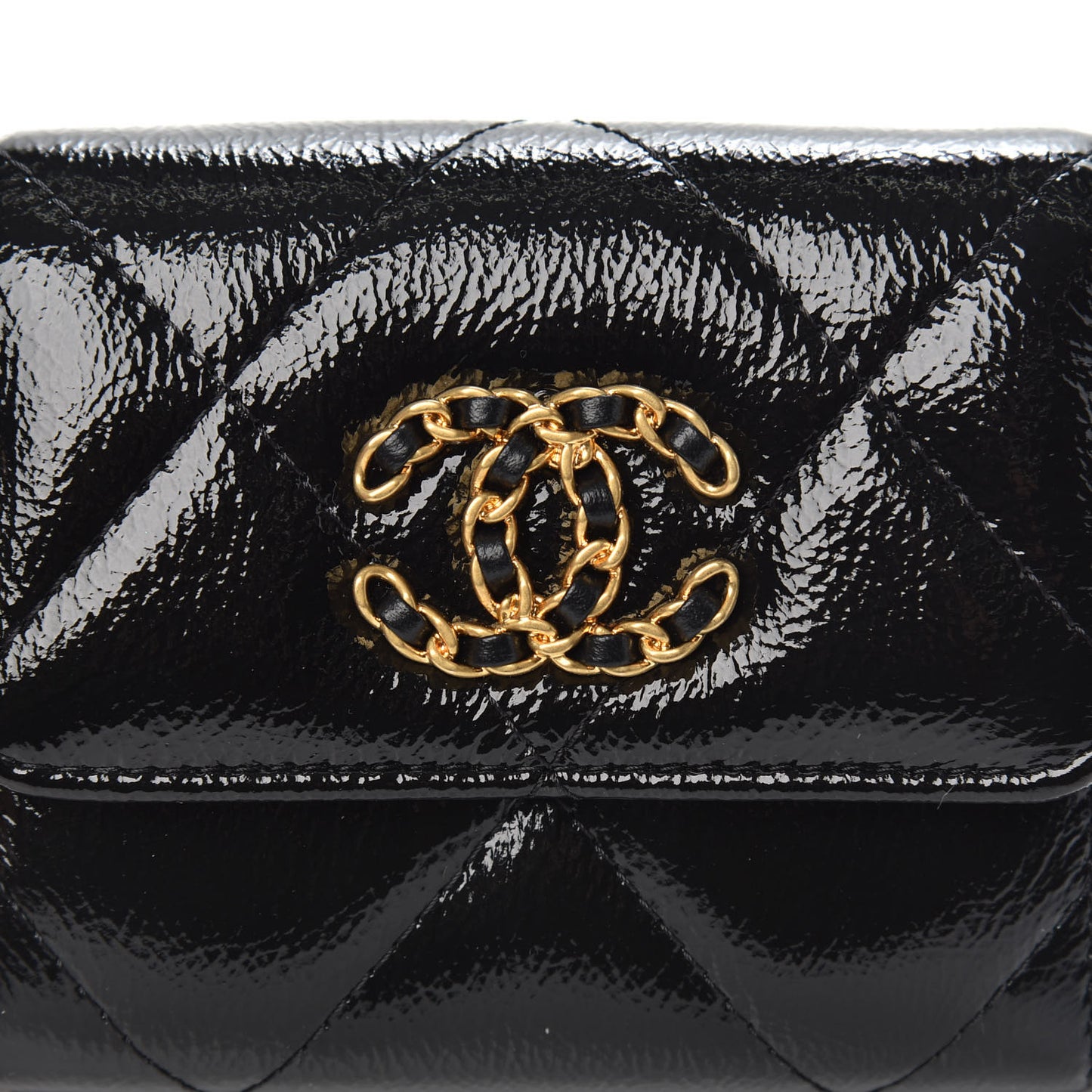 Shiny Crumpled Calfskin Quilted Chanel 19 Flap Coin Purse With Chain Black